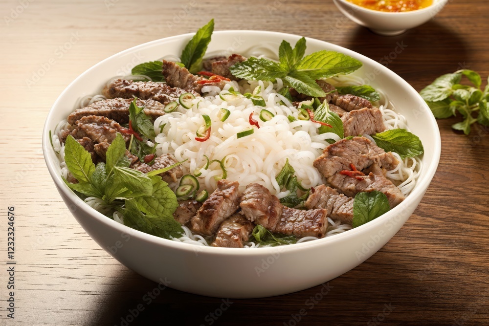 Vietnamese pho bo with rice noodles, beef, herbs, chili peppers, a small side of sauce. Flavor, tradition, warmth, nourishment, rich taste, cultural cuisine, family meal. Asian restaurant menus,
Vietnamese pho bo with rice noodles, beef, herbs, chili peppers, a small side of sauce. Flavor, tradition, warmth, nourishment, rich taste, cultural cuisine, family meal. Asian restaurant menus,