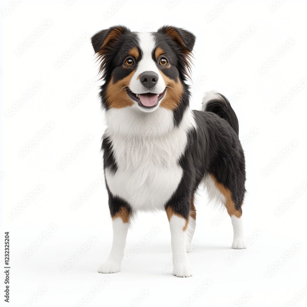 Happy Australian Shepherd Dog Tri colored Fur Studio Shot White Background Happy Australian Shepherd Dog Tri colored Fur Studio Shot White Background