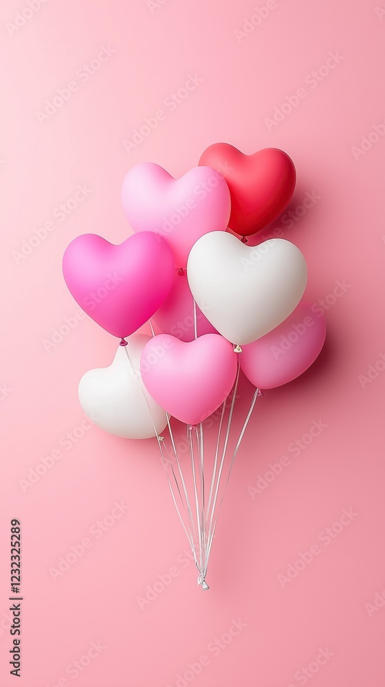 Heart shaped balloons floating on a pink background Heart shaped balloons floating on a pink background