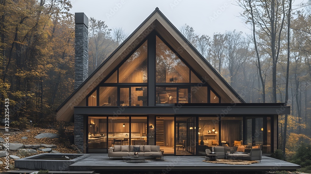 Obraz premium Majestic A-frame lodge with a sharp steel roof, deep wooden tones, floor-to-ceiling windows revealing a cozy interior
