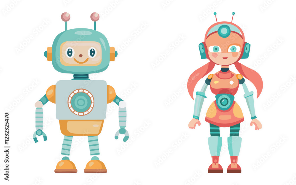 Watercolour Robot Boy And Girl Vector Illustration Watercolour Robot Boy And Girl Vector Illustration