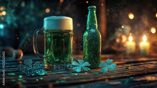 Festive green beer, shamrocks, candles photo