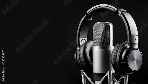Studio black studio microphone with studio headphones on a black background. Banner. Radio, work with sound, podcasts. vocal