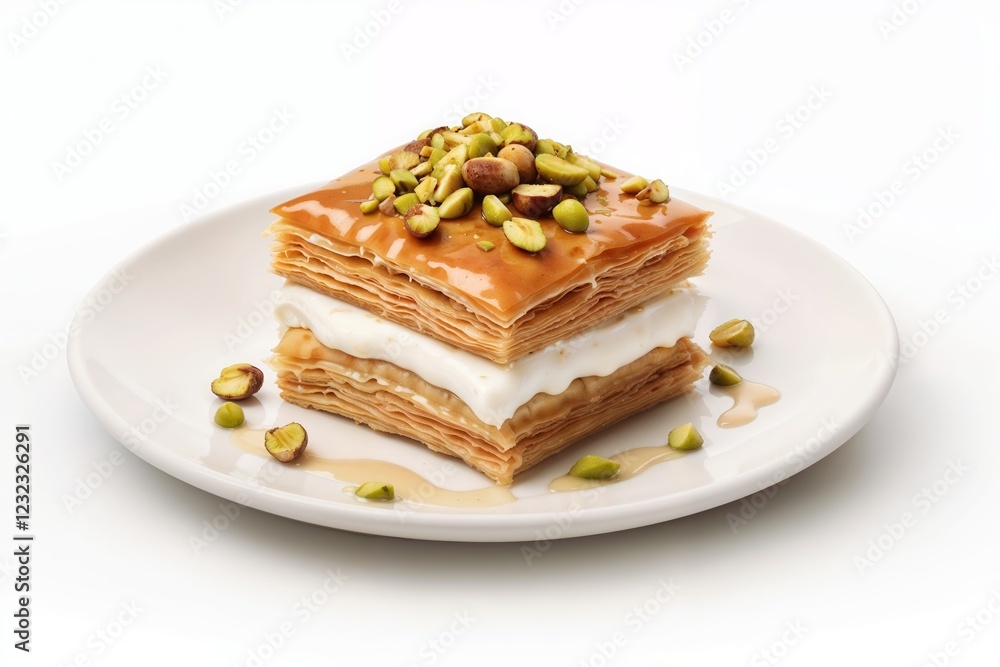 Turkish pistachio baklava with layers of flaky pastry, white cream filling, and a topping of crushed pistachios.Mediterranean or Turkish restaurant menus, dessert shops, and food promotions highligh
Turkish pistachio baklava with layers of flaky pastry, white cream filling, and a topping of crushed pistachios.Mediterranean or Turkish restaurant menus, dessert shops, and food promotions highligh