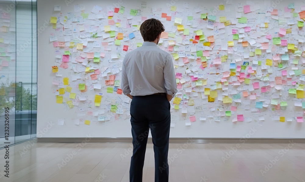 Man reviewing sticky notes on wall, office background, project planning Man reviewing sticky notes on wall, office background, project planning