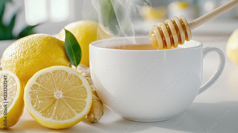 Cozy Cup of Herbal Tea with Honey, Fresh Lemons, and Ginger on Bright Kitchen Table Cozy Cup of Herbal Tea with Honey, Fresh Lemons, and Ginger on Bright Kitchen Table