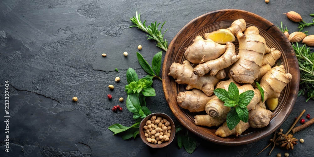 Aromatic ginger root slices arranged in a shallow bowl with fresh herbs and spices, ready for cooking Aromatic ginger root slices arranged in a shallow bowl with fresh herbs and spices, ready for cooking