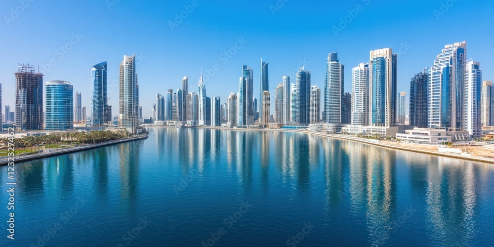 Obraz premium Panoramic View of Modern City Skyline Reflecting on Tranquil Water under Clear Blue Sky