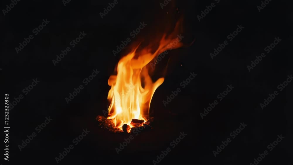 Vibrant orange flames dancing upward from glowing embers against deep black backdrop, revealing intense thermal energy and mesmerizing fire dynamics Vibrant orange flames dancing upward from glowing embers against deep black backdrop, revealing intense thermal energy and mesmerizing fire dynamics