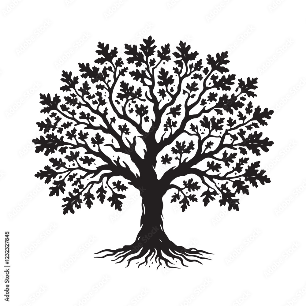 Fototapeta premium Oak Tree Silhouette - Woodland Inspired Tree Design - Oak Tree Vector - Oak Tree Illustration - Minimalist Oak Silhouette - Oak Vector - Oak Digital Art 