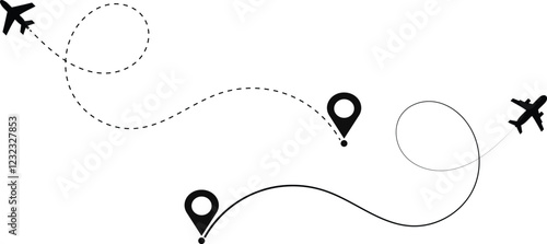 Showcasing an airplanes flight path with dashed lines and location markers. Airplane flight route with start point and dash line.