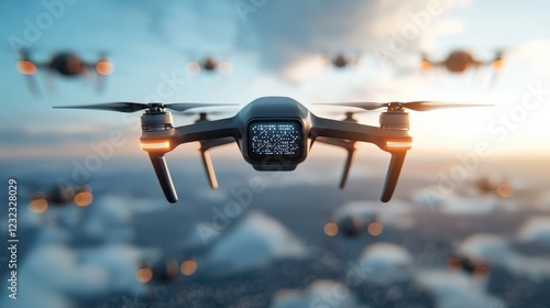 A swarm of advanced AI controlled drones surveying a dramatic futuristic aerial landscape  The drones are equipped with advanced sensors and communication systems