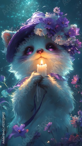 Fluffy white raccoonlike animal wears a purple and white floweradorned hat holding a lit candle Purple flowers bloom at its tail glowing in the soft light against a turquoise starry sky photo