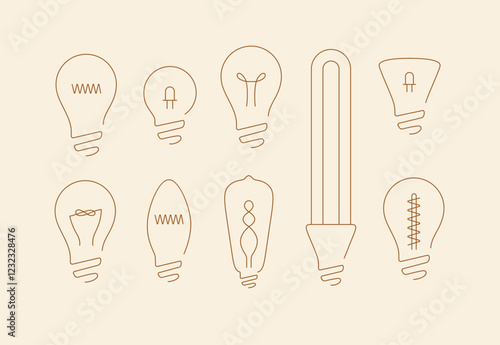 Lamp icons set drawing in flat line style on beige background.