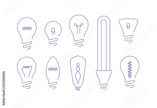 Lamp icons set drawing in flat line style with blue lines on white background.