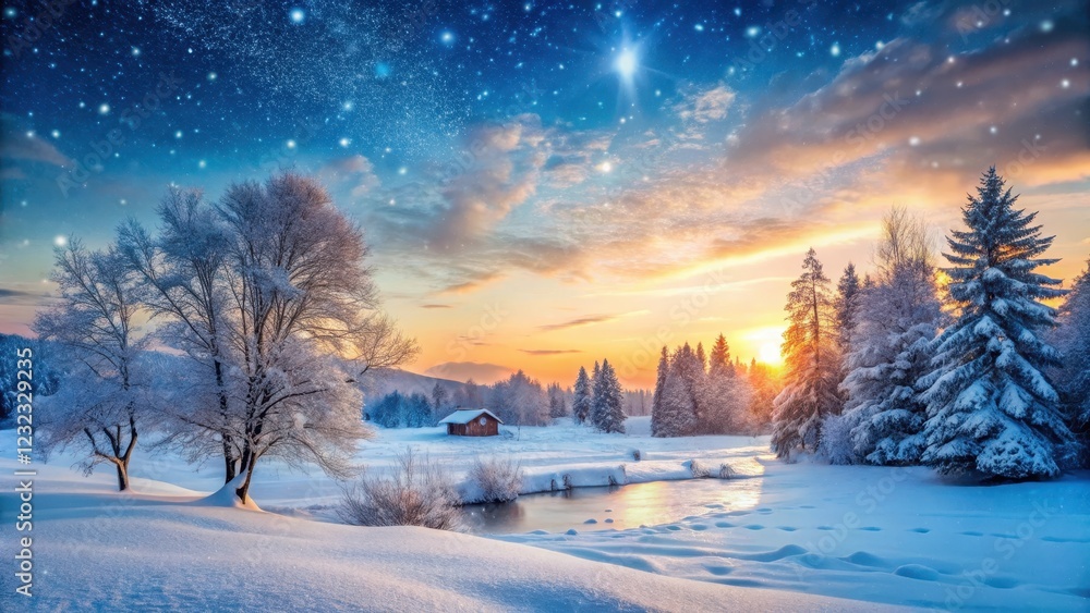 Snowy Winter Landscape at Dusk with Gentle Falling Snow and Tranquil Scenery, frosty evening, serene winter wonderland Snowy Winter Landscape at Dusk with Gentle Falling Snow and Tranquil Scenery, frosty evening, serene winter wonderland
