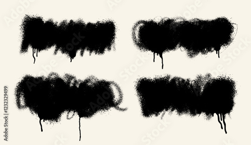 Set of grunge spray paint elements. Spray paint with drips and drops, lines and drips black ink splatters. Template ink blots collection, street graffiti style. Vector illustration.