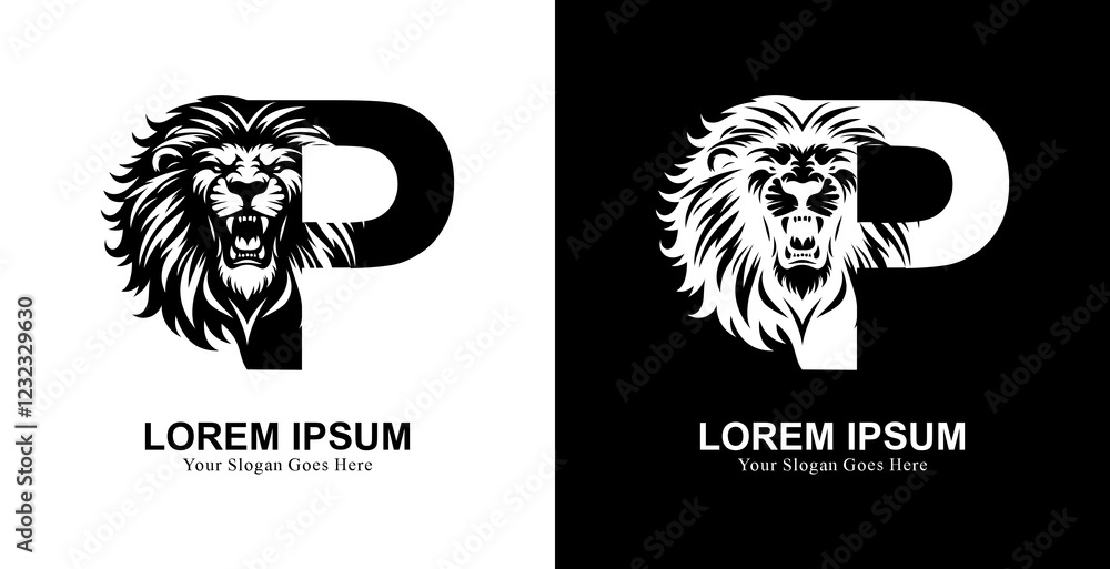 Fototapeta premium The logo design is in the shape of a lion's head with a front view combined with the letter P