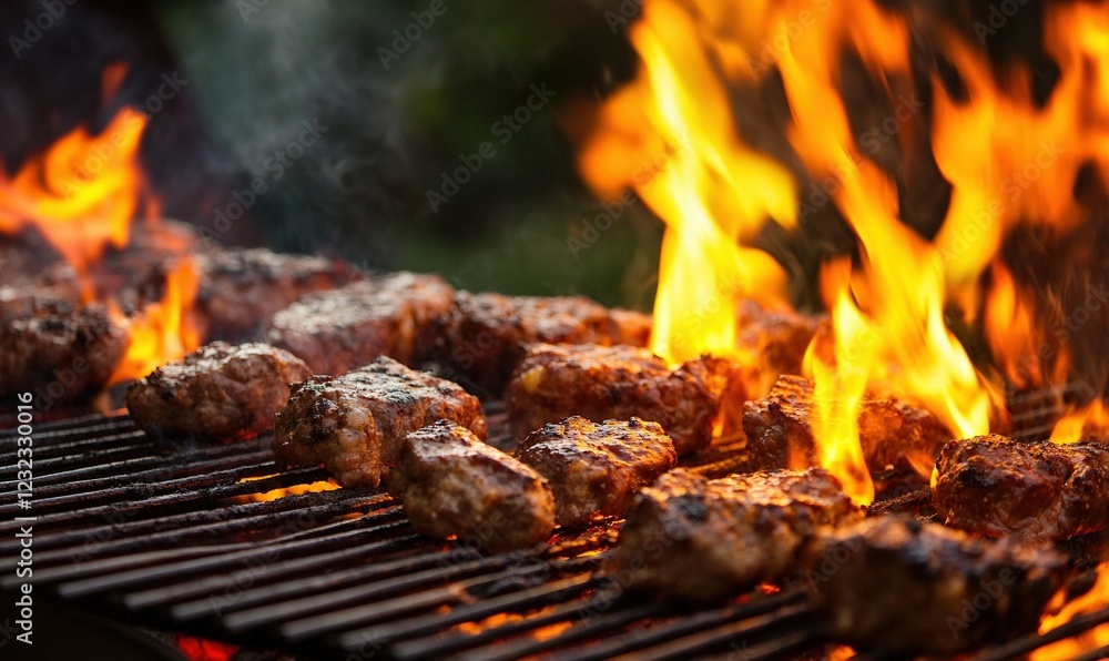 Juicy burgers grilling over open flames on a barbecue grill, perfect for summer cookouts Juicy burgers grilling over open flames on a barbecue grill, perfect for summer cookouts