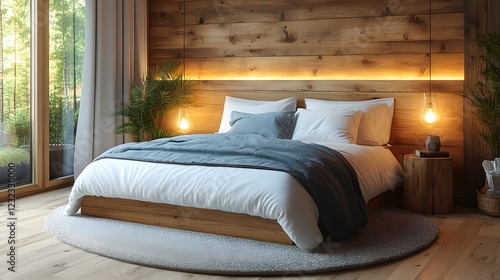 Wallpaper Mural Cozy small bedroom in 3D isometric, modern bed, wooden side table, soft lighting Torontodigital.ca