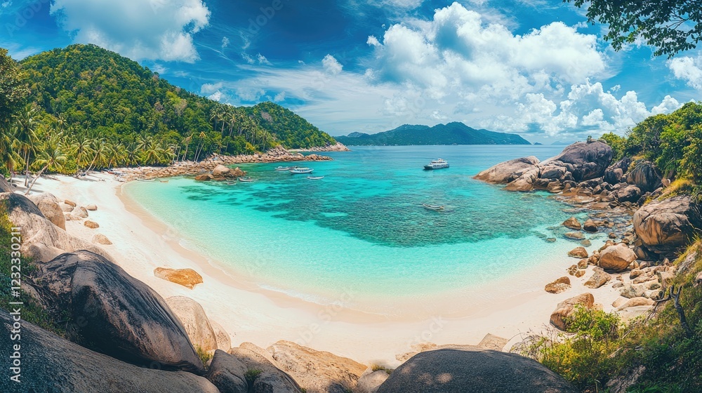 Fototapeta premium Panoramic view of a tropical coastline with crystal-clear turquoise waters, bright white sands, and vibrant palm trees
