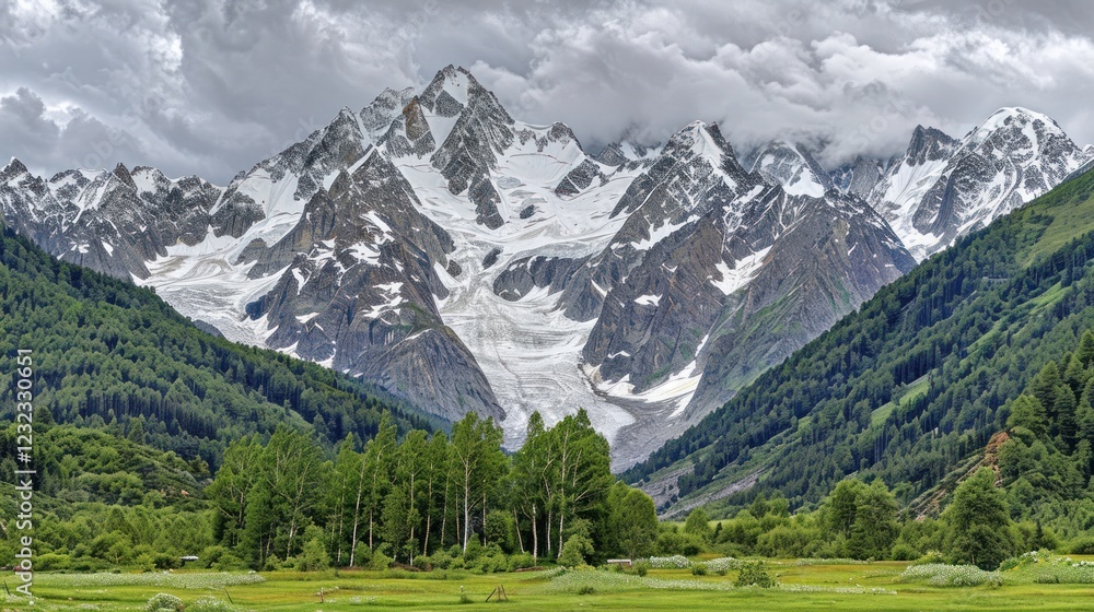 Obraz premium Majestic Snow-Capped Mountains and Lush Green Valley