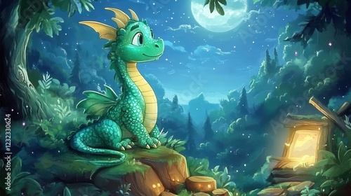 Green dragon gazes at the luminous moon while perched on a tranquil rock in a magical forest setting adorned with stars photo