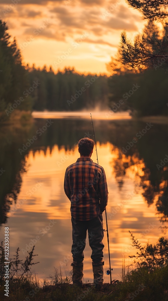 A man in a plaid shirt holding a fishing rod, standing by a tranquil lake at sunrise A man in a plaid shirt holding a fishing rod, standing by a tranquil lake at sunrise