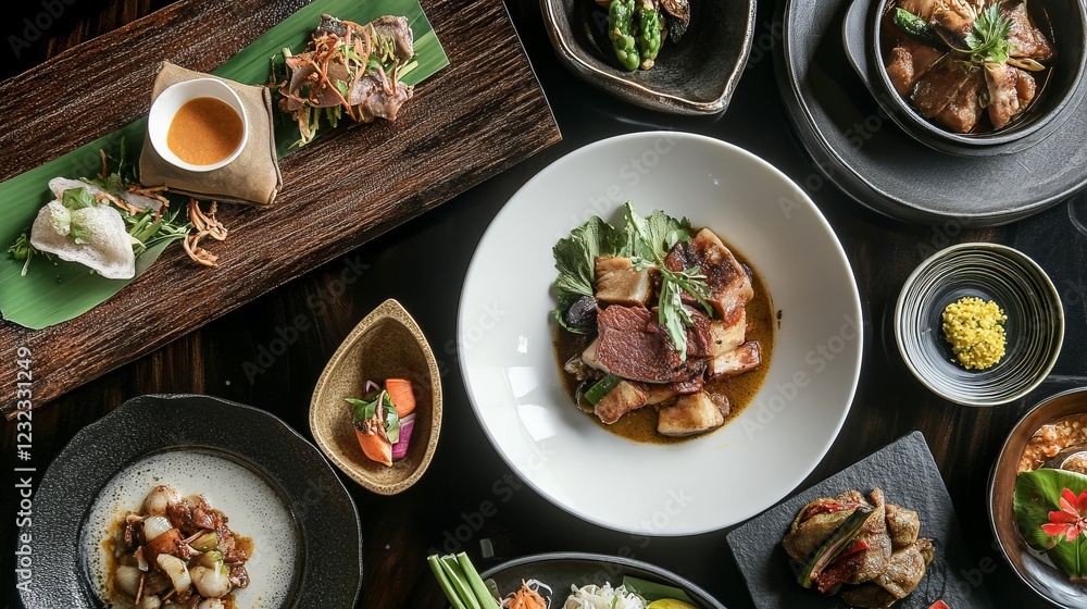 A Culinary Masterpiece: Exquisite Asian Fusion Dishes in a Stunning Presentation A Culinary Masterpiece: Exquisite Asian Fusion Dishes in a Stunning Presentation