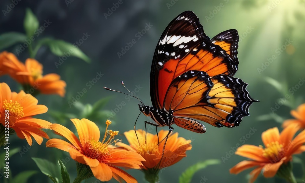 Obraz premium Colorful butterfly sipping nectar from a bright orange flower , blooming, flowers