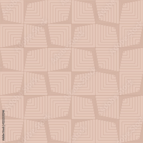 Abstract mid century linear seamless pattern with geometric shapes African squares on a mocha colored mousse background evoking a soft brown color.