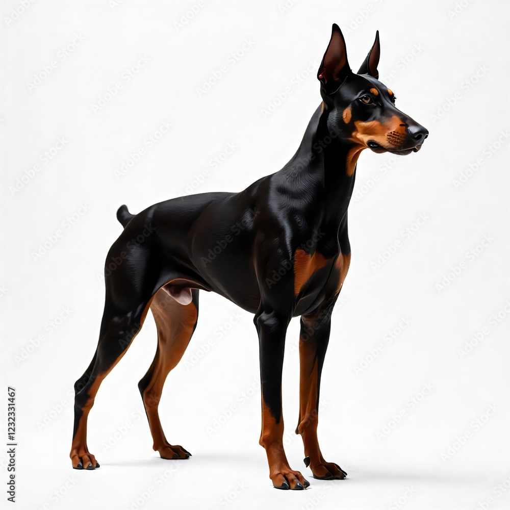 Majestic Doberman Pinscher Dog Breed Standing Black and Tan Studio Shot Majestic Doberman Pinscher Dog Breed Standing Black and Tan Studio Shot