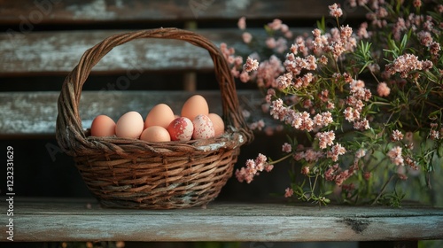 A basket of Easter eggs lies on a wooden bench, surrounded by greenery and flowers. The scene creates an atmosphere of joy and celebration, symbolizing renewal and the joy of Easter.