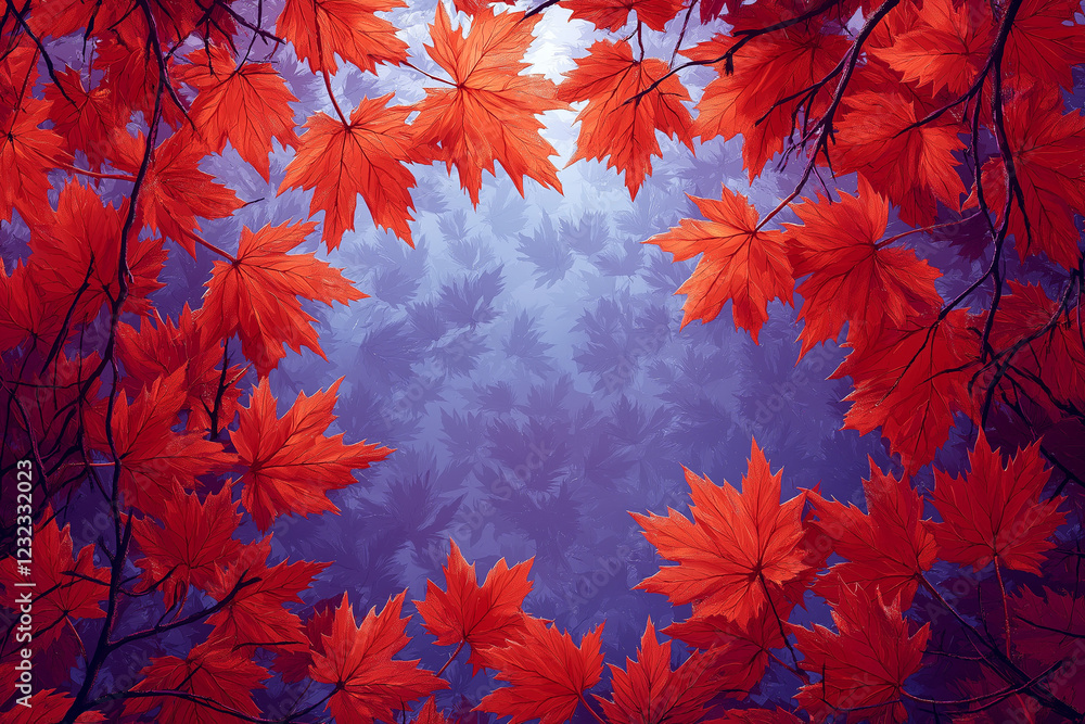 a pattern of red maple leaves on a purple background, showcasing the vibrant colors and intricate details that make up each leaf. the leave. a pattern of red maple leaves on a purple background, showcasing the vibrant colors and intricate details that make up each leaf. the leave.