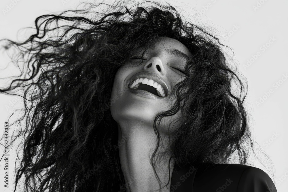 Monochrome photo of woman with flying wavy hair smiling. Monochrome photo of woman with flying wavy hair smiling.