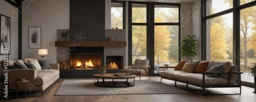 Wallpaper Mural Cozy living room with fireplace and large windows, relaxation, windows Torontodigital.ca