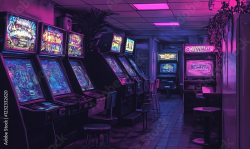 Neon-lit retro arcade with various game machines, empty at night, ideal for entertainment themes