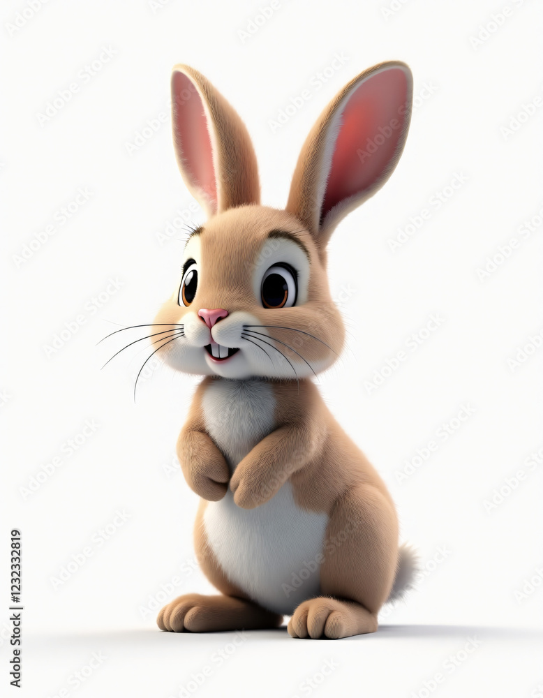 Obraz premium Cute 3D Cartoon Hare with Big Ears, Adorable Forest Animal on White Background 