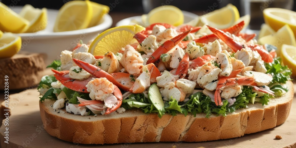 Crab and seafood salad on toasted bread with a side of lemon wedges , Bruschetta, Citrus Twist, Toasted Bread Crab and seafood salad on toasted bread with a side of lemon wedges , Bruschetta, Citrus Twist, Toasted Bread