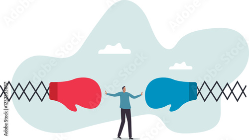 Conflict management, leadership skill to compromise and solving argument problem, negotiation or stop fighting .business concept.flat character.