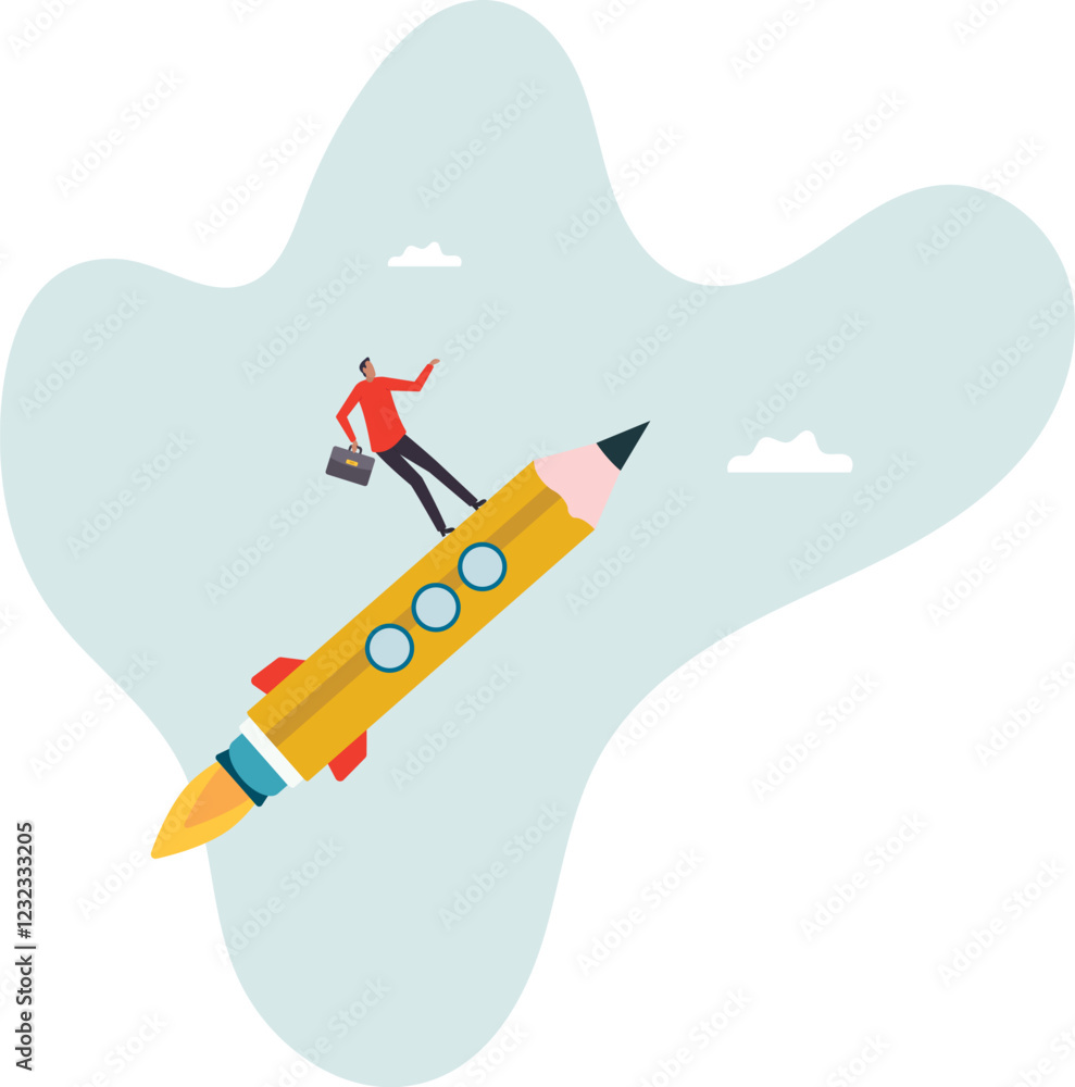 Fototapeta premium Pencil rocket as education, creativity or fun idea, imagination or creative freedom,business concept.flat character.