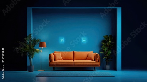 A captivating and futuristic IoT enabled living room with glowing palms sleek minimalist furniture and a contemporary ultra modern aesthetic photo