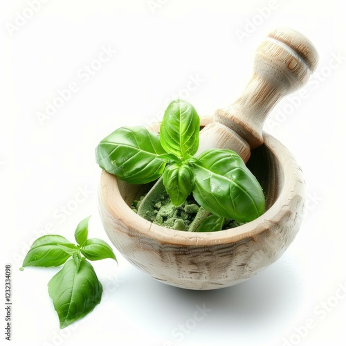 Wooden mortar and pestle grinding fresh basil leaves into fine powder, isolated on white background photo