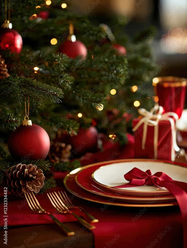 Elegant Christmas Table Setting with Red and Gold Decorations and Pine Tree in Warm Atmosphere Elegant Christmas Table Setting with Red and Gold Decorations and Pine Tree in Warm Atmosphere