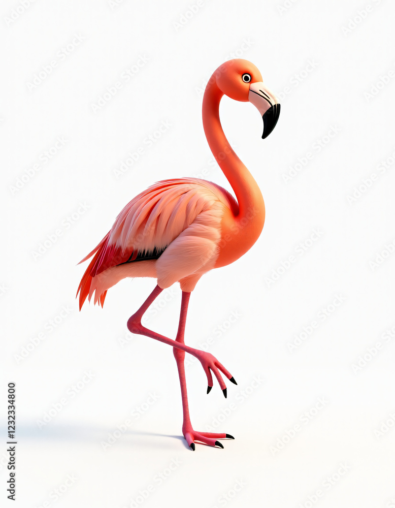 Fototapeta premium Playful Pink Flamingo with Curved Neck, Stylized 3D Tropical Animal Illustration 