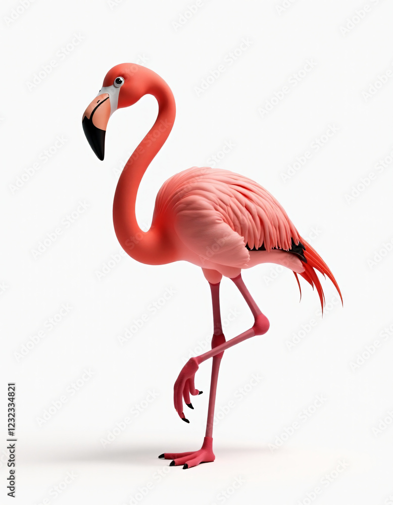 Fototapeta premium Playful Pink Flamingo with Curved Neck, Stylized 3D Tropical Animal Illustration 
