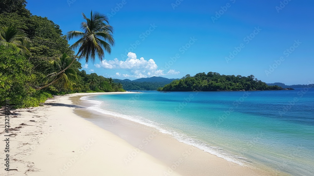 Obraz premium A serene tropical beach with turquoise waters, white sands, and tall palm trees under a bright, cloudless blue sky