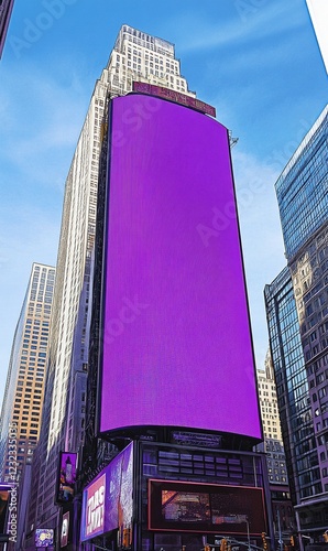 Purple billboard in Times Square, NYC, with skyscrapers and blue sky, ideal for advertising mockups