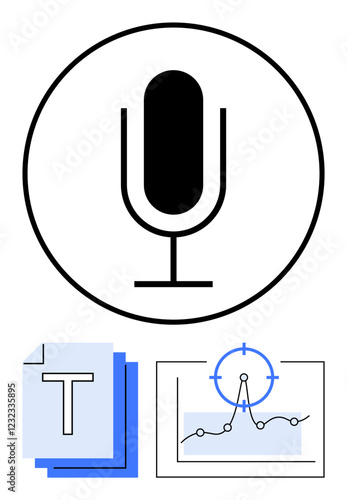 Microphone icon, stacked text documents, and data chart with target. Ideal for audio transcription, data analytics, speech recognition, media, AI tools, productivity apps abstract line flat metaphor