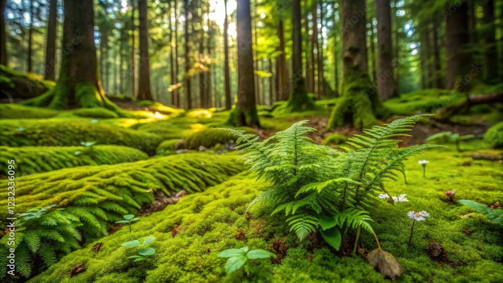 Fototapeta premium Dense mat of moss on a forest floor with ferns and wildflowers, natural world, greenery